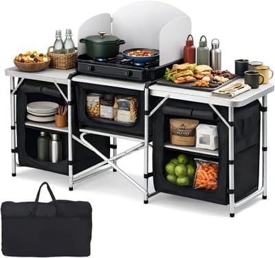 XXL Campingkeuken - Opvouwbaar Kookstation - Outdoor Koken - Geïntegreerd Windscherm - 174 cm Breed - Zwart