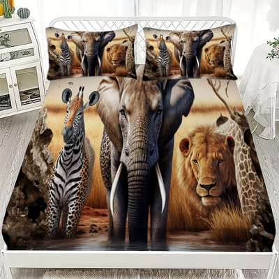 Afrikaanse Savanne Wildlife Stijl Hoeslaken Set Zacht Ademend Beddengoed Set Olifant Leeuw Luipaard Bedrukte Matrashoezen 90x200cmx25