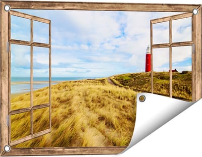 Gards Tuinposter Doorkijk Vuurtoren met Duinen in Texel - 60x40 cm - Tuindoek - Tuindecoratie - Wanddecoratie buiten - Tuinschilderij