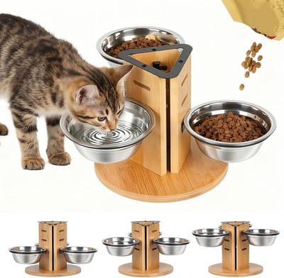 Verhoogde voerbak voor katten, set van 3, in hoogte verstelbaar voerstation voor katten en kleine honden, roestvrijstalen bakken van 14 cm (350 ml), 3 hoogte-instellingen