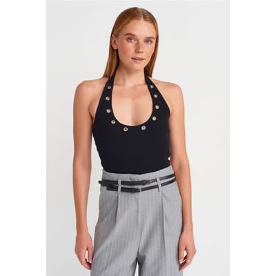 Korte Halterribbelblouse met Steendetail