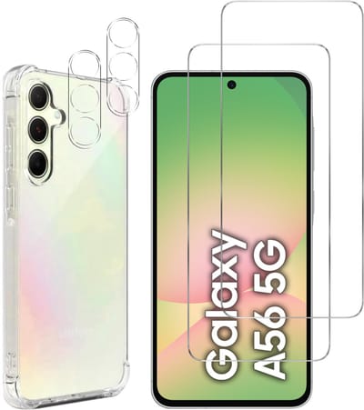 Hoesje geschikt voor Samsung Galaxy A56 5G backcover Shockproof siliconen Transparant + 2 stuks Screenprotector Gehard Glas + 2 stuks Camera Protector