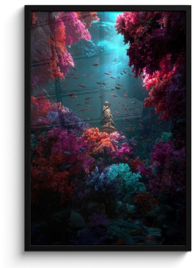 Poster in lijst - Fotolijst 60x90 cm - Posters - Standbeeld - Zeebodem - Koraal - Kleurrijk - Posterlijst zwart - Decoratie - Wanddecoratie woonkamer - Muurdecoratie slaapkamer