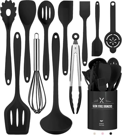 OKWISH Keukengerei-Sets – Complete Keukenset Met Keukengerei Silicone, Inclusief Spatel, Lepel En Pfannenwender, Hittebestendig Tot 210°C – Zwart – Silicium