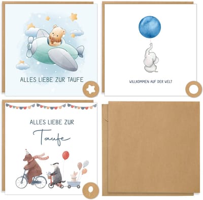 Inovra - BIROYAL Kaart voor de geboorte, wenskaarten voor de doop met envelop, set van 3 doopkaarten, felicitatie, moderne wenskaart met schattige dieren voor meisjes en jongens, met envelop van kraftpapier