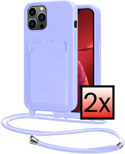 Hoes Geschikt voor iPhone 13 Pro Hoesje Pasjeshouder Cover Met Koord Case Siliconen Hoes Met Telefoonkoord en Kaarthouder - Lila - 2 PACK