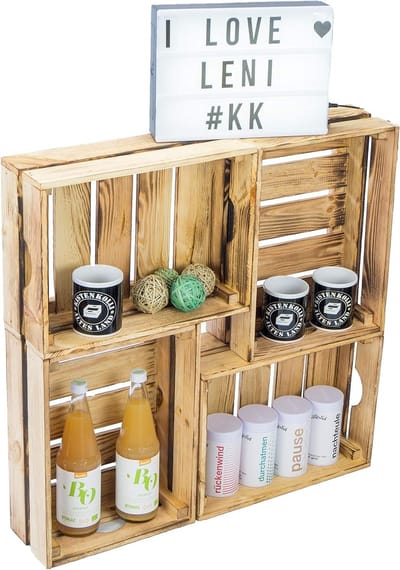 Houten Kisten - Stapelbakken Opslag - Opbergen Decoratie - Duurzaam FSC Hout - 4 stuks 30x40 - Gevlamd