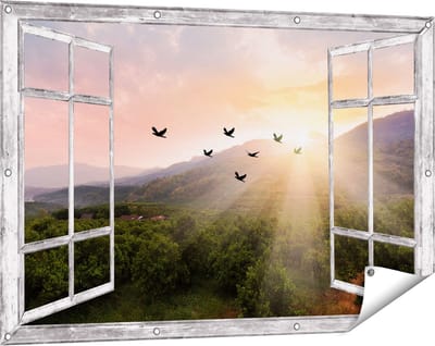 Gards Tuinposter Doorkijk Silhouet Zwerm Vogels bij Zonsondergang - 120x80 cm - Tuindoek - Tuindecoratie - Wanddecoratie buiten - Tuinschilderij
