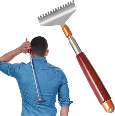 Telescopische rugkrabber voor mannen en vrouwen - massagerol met brede stalen 15-tandkop en wooden handvat