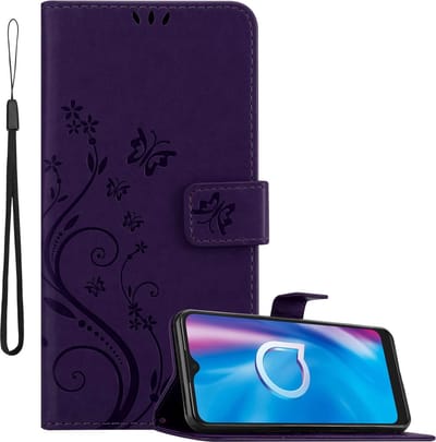 Cadorabo Hoesje geschikt voor Alcatel 1S 2020 in BLOEMEN DONKER PAARS - Beschermhoes in bloemmotief met magnetische sluiting, standfunctie en kaartsleuven Book Case Cover Etui
