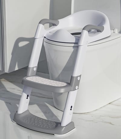 Kindertoiletbril - Toiletbril met opstapje - Hulpmiddel voor zindelijkheidstraining - Antislip toiletaccessoires - Met kussen - In hoogte verstelbaar - Opvouwbaar - Unisex - Gebroken wit