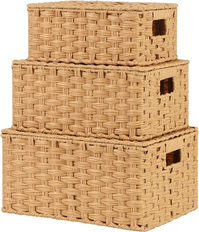 SAYS Rieten manden met deksels, set van 3 decoratieve opbergdozen, geweven mand opbergbakken, opslag en organisatormanden bakken, nesting geweven rieten opbergmand - Geel