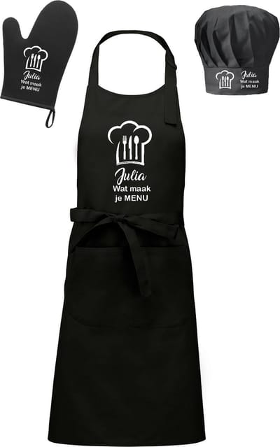 mijncadeautje - Cadeauset - Schort / koksmuts / ovenwant - Wat maak je menu - met voornaam