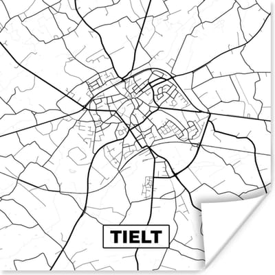 Poster Stadskaart – Plattegrond – België – Zwart Wit – Tielt – Kaart - 100x100 cm XXL