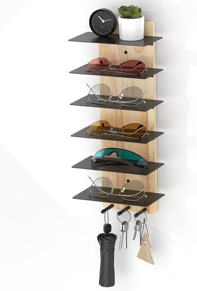 Houten Zonnebril Organizer met 6 Niveaus en 3 Haken, Wandrek voor Sleutels en Brillen, Ideaal voor Woonkamer en Slaapkamer