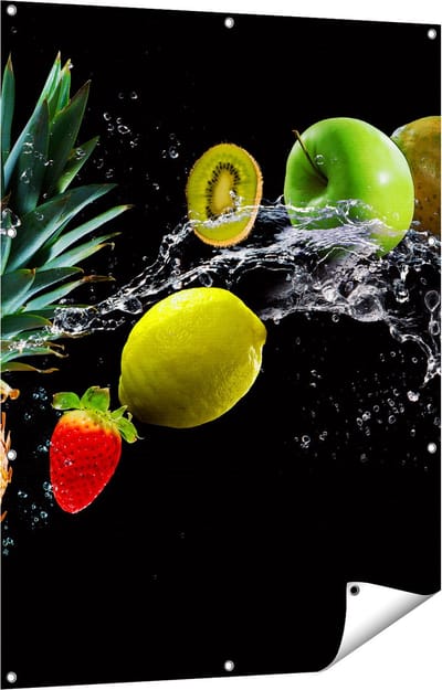 Gards Tuinposter Fruit met Water op Zwart Achtergrond - 90x120 cm - Tuindoek - Tuindecoratie - Wanddecoratie buiten - Tuinschilderij