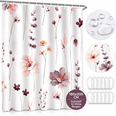 Douchegordijn Bloemen 180x200 cm – Waterafstotend Polyester – Inclusief 12 Witte Douchegordijnringen – Wasbaar – Badkamer Gordijn Floral Beige Roze