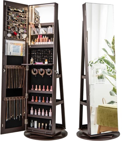 COSTWAY Sieradenkast met led, spiegelkast, 360 graden draaibaar, met frameloze full-body spiegel, sieradenorganizer afsluitbaar, sieradenopslag (donkerbruin)