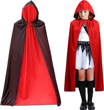 Zwart Rood Halloween Kostuum met Kap - Vampier Cape 1.2m, Middeleeuwse Robe en 20 Waterdichte Stickers voor Carnaval en Cosplay