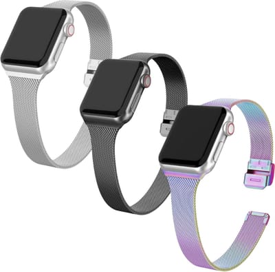 By Qubix - Geschikt voor Apple Watch bandje - 3 x Milanese slim fit bandje - Zilver + Zwart + Multicolor - Geschikt voor Apple Watch 44mm / 45mm / 46mm / 49mm (Ultra 1,2 en 3) - iWatch milanees - smartwatchbandje