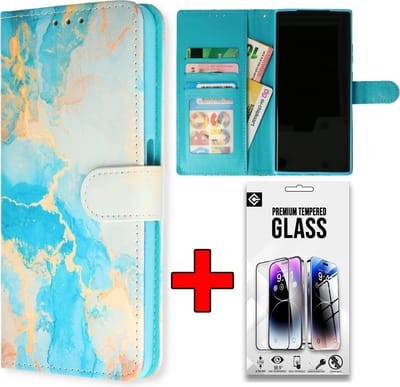 Casemania Hoesje Geschikt voor Samsung Galaxy S23 FE - Marmer Aqua + Glazen Screenprotector - Portemonnee Book Case