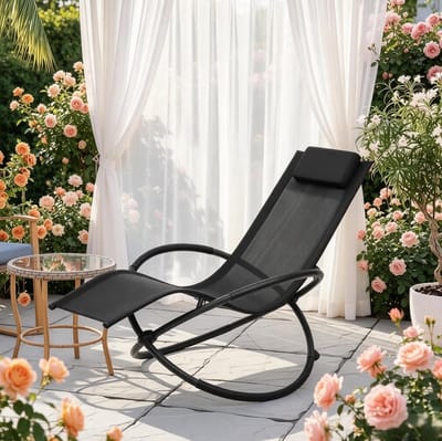 Chaise Longue - Schommelende Ligstoel Met Hoofdkussen En Armleuningen - Voor Tuin En Terras - Metaal En Textiel - Zwart