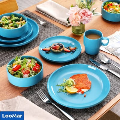 LooMar Serviesset – 32 delig – 8 persoons –Porselein - Luxe – Bordenset – Dinner platen – Dessertborden - Kommen - Mokken - Set - Blauw