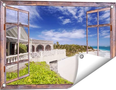 Gards Tuinposter Doorkijk Het Strandhuis - 60x40 cm - Tuindoek - Tuindecoratie - Wanddecoratie buiten - Tuinschilderij