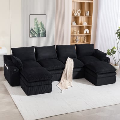 Modulaire 4-zits Corduroy Bank (met voetenbank), 4-Zits Bank U-Bank – incl. kussens en 2 zijvakken, 3-laags Schuim + Veringkern voor Snelle Terugvering. Vrij combineerbaar – Ideaal voor Woonkamers, Kantoren en Meer,Zwart