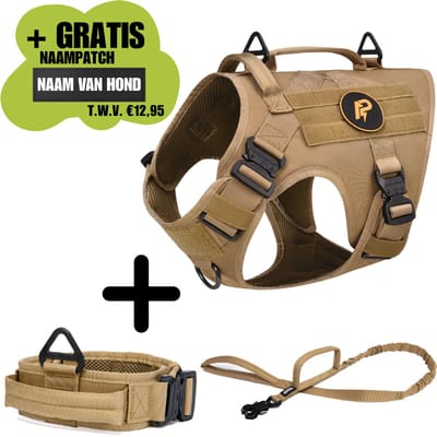 Always Prepared® Pro Combi Deal - Hondentuig + Halsband + Riem - Complete Set - Anti-Trek Set voor Middel en Grote Honden - Khaki - Maat M