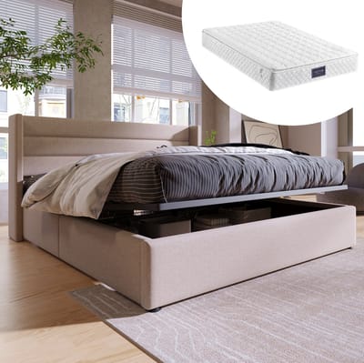 MEUNIQ opbergbed 140 x 200 cm tweepersoons bed met hydraulische opbergruimte, gestoffeerd hoofdbord, lattenbodem en metalen frame voor slaapkamer, beige