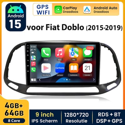 junsun 2DIN Autoradio Geschikt voor Fiat Doblo 2015-2019 | Octa Core - Andriod 15 draadloos Carplay / Andriod Auto / GPS Navi /WIFI / BT / FM /RDS/ SWC /DSP - 4+64GB | Plug & Play