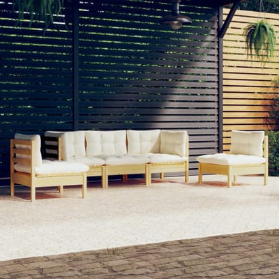 vidaXL - 5-delige - Loungeset - met - crèmekleurige - kussens - massief - grenenhout