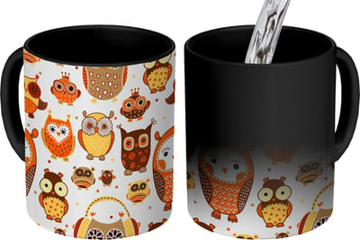 Magische Mok - Foto op Warmte Mokken - Koffiemok - Meisjes - Uil - Oranje - Patronen - Girl - Kind - Kinderen - Magic Mok - Beker - 350 ML - Theemok