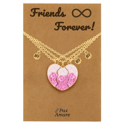 BFF Ketting voor 3 ' Friends Forever' - Magnetisch Glitter Hartje Roze - Vriendschapsketting op Cadeau Kaartje - 45cm + 5cm verstelbaar - Goudkleurig - Best Friends Hanger - Pax Amare