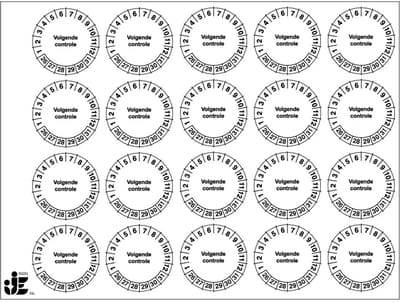 Volgende controle keuringsstickers - jaartallen 26-31 - op vel | 2 cm - 20 stickers per vel