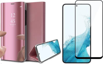 Hoesje geschikt voor Samsung Galaxy S22 - Book Case Spiegel Wallet Cover Hoes Roségoud - Full Tempered Glass Screenprotector