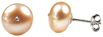 Zoetwater parel oorbellen Mea Bling Peach - oorknoppen - echte parels - zalm - stras steen - luxe sieraden zakje - parel oorbellen dames