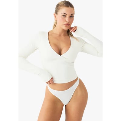 boohoo Dames Boterzachte Ingebouwde Gevoerde V-hals Lange Mouw Sculpturerende Top | Creme | Maat: 34