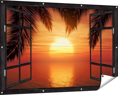 Gards Tuinposter Doorkijk Zonsondergang op het Strand met Palmbomen - 150x100 cm - Tuindoek - Tuindecoratie - Wanddecoratie buiten - Tuinschilderij