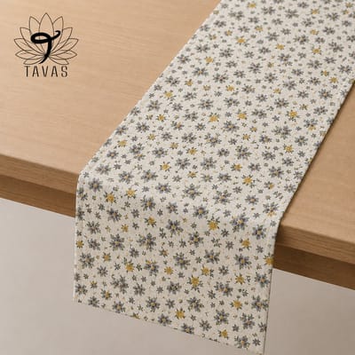 Tavas Tafelloper - 40 x 140 cm - Crème - Blauwe Bloemen - Tafeldecoratie - Tafelkleed - Tafellaken - Katoen