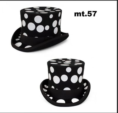Hoge hoed wolvilt zwart met witte bollen maat 57 - KIDS - carnaval zwart wit optocht thema feest black and white