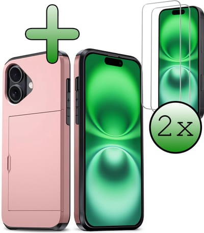 Hoes Geschikt voor iPhone 16 Hoesje Hard Case Met Pas Houder Met 2x Screenprotector - Hoesje Geschikt voor iPhone 16 Hoes Shockproof Hard Cover Met Kaarthouder - Rosé goud