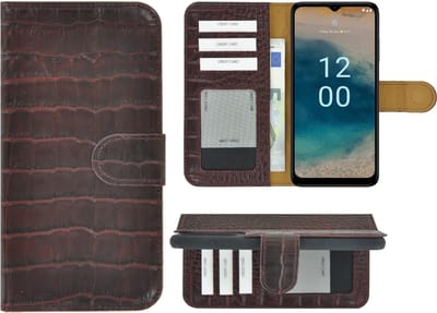 Geschikt voor Nokia G22 Hoesje - Bookcase - Nokia G22 Hoesje Book Case Wallet Echt Leer Croco Kastanjebruin Cover