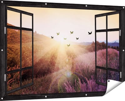 Gards Tuinposter Doorkijk Silhouet Zwerm Vogels bij Zonsondergang - 150x100 cm - Tuindoek - Tuindecoratie - Wanddecoratie buiten - Tuinschilderij