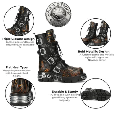 New Rock M-591-C58 halfhoge zwarte vlammen leren metallic gothic laarzen