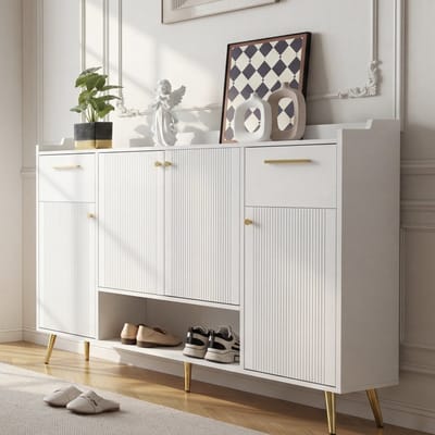 Schoenenkast - 130x37x100 cm wit - 2 laden & 4 deuren - metalen poten - open vak