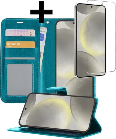 Hoesje - Met Screenprotector - Geschikt voor Samsung Galaxy S24 - Luxe Pasjeshouder - Bookcase Portemonee - Flip Case - Kunstleer Book Case - Flipcase - Book Cover - Walletcase - Portemonneehoes - Telefoonhoesjes - Turquoise