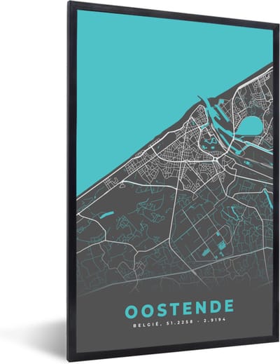 Fotolijst incl. Poster - België – Oostende – Stadskaart – Kaart – Blauw – Plattegrond - 40x60 cm - Posterlijst