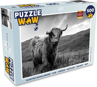 Puzzel Schotse Hooglander - Berg - Water - Natuur - Koe - Legpuzzel - Puzzel 500 stukjes
